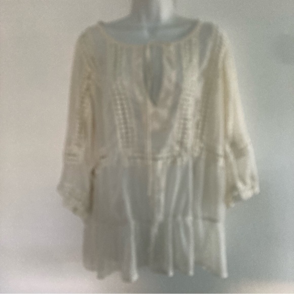 Daniel Rainn Boho Sheer Crinkle Lace Women Plus Size Top Off White 1X - Picture 2 of 5